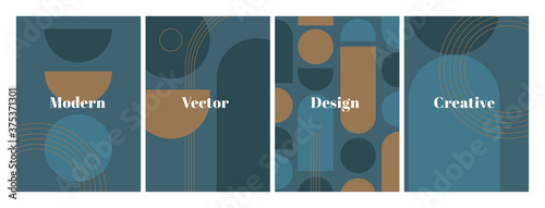 Set of stylish templates with organic abstract shapes and line in dark blue colors. Modern background in minimalist style. Contemporary vector Illustration