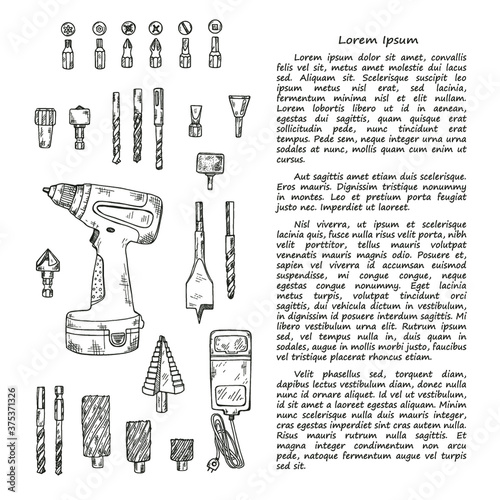 House repair tools including 
screwdriver and screwdriver bits . Hand drawn vector collection