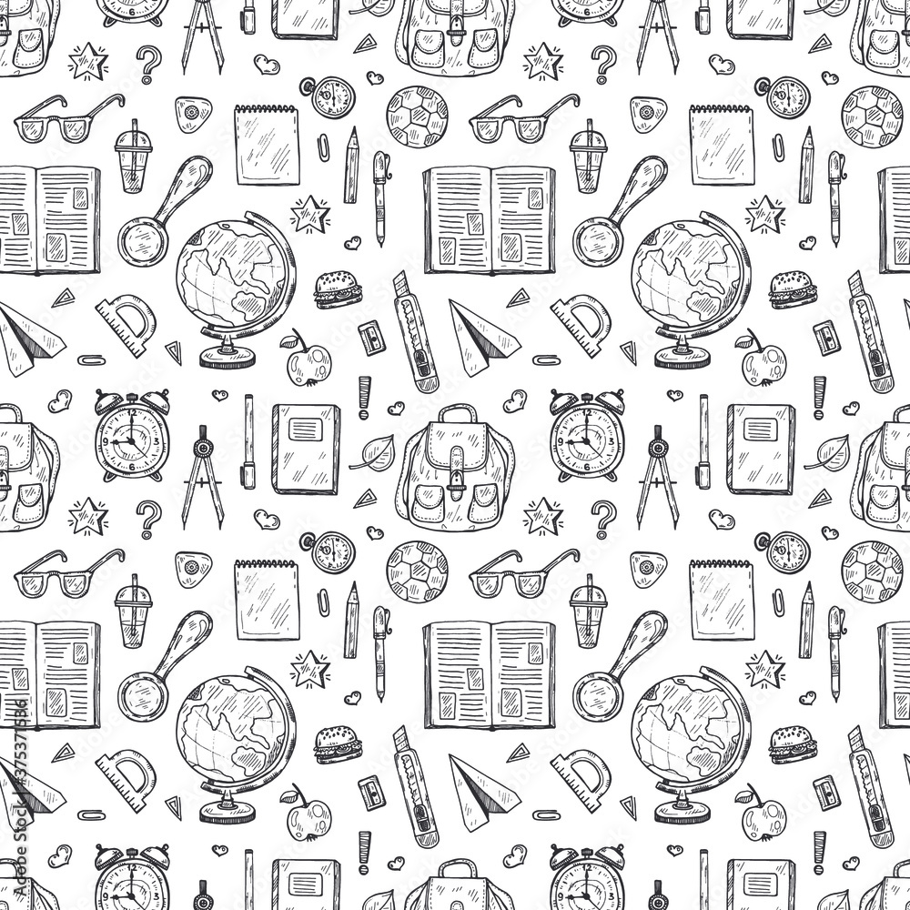 Seamless pattern with cute hand drawn educational tools including pencil, globe and others. Vector hand drawn back to school collection