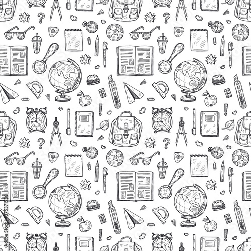 Seamless pattern with cute hand drawn educational tools including pencil  globe and others. Vector hand drawn back to school collection