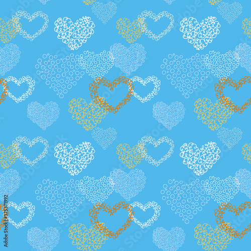 seamless pattern, multi-colored openwork hearts drawn by hand on a blue background