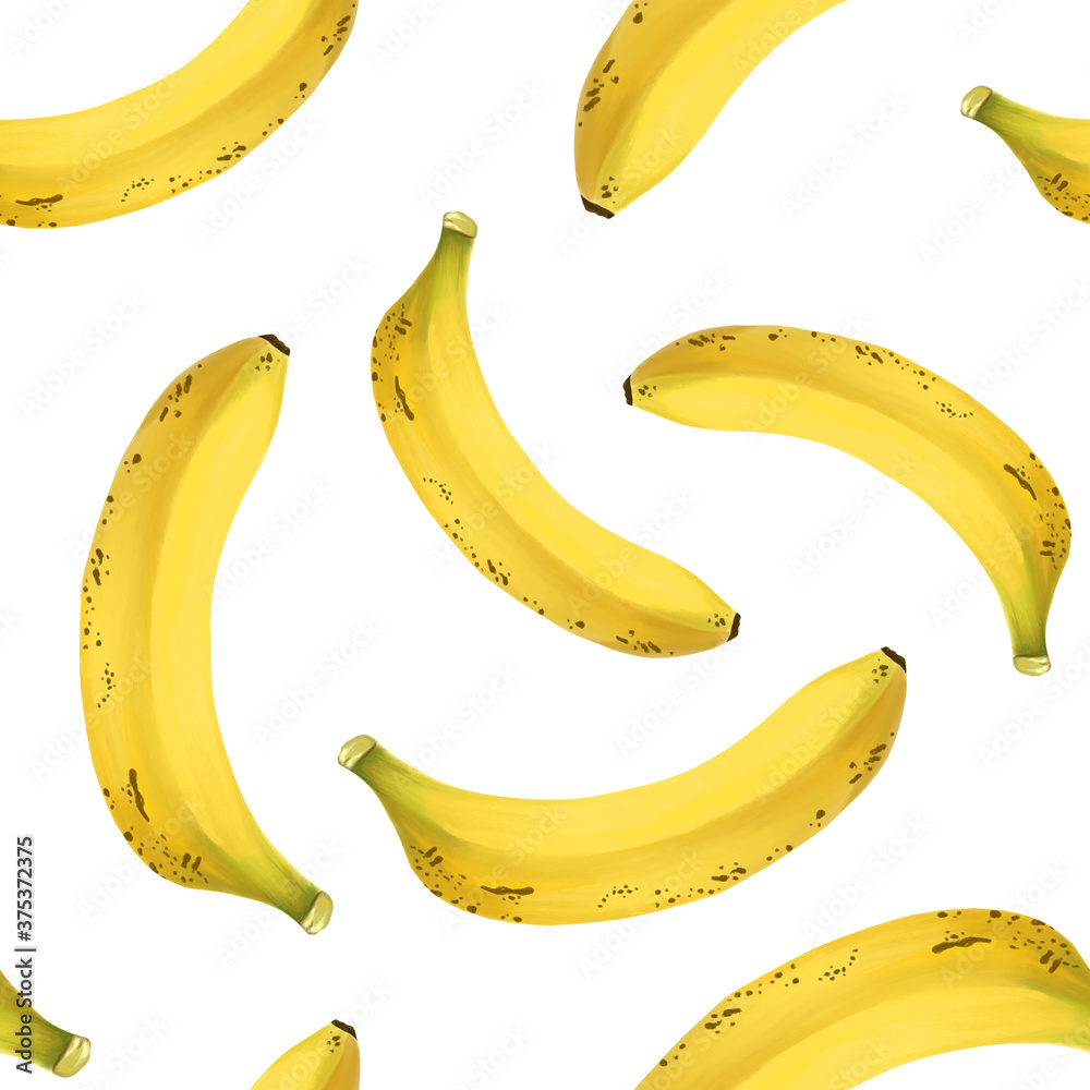 Bananas seamless pattern on an isolated white background. Digital art, oil imitation. Tropical, fruity, abstract print. Raster illustration Bananas seamless pattern on an isolated white background. Digital art, oil imitation. Tropical, fruity, abstract print. Raster illustration