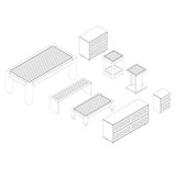 Set with furniture outlines. Table, chairs, bedside tables and benches. Isometric view. Vector illustration