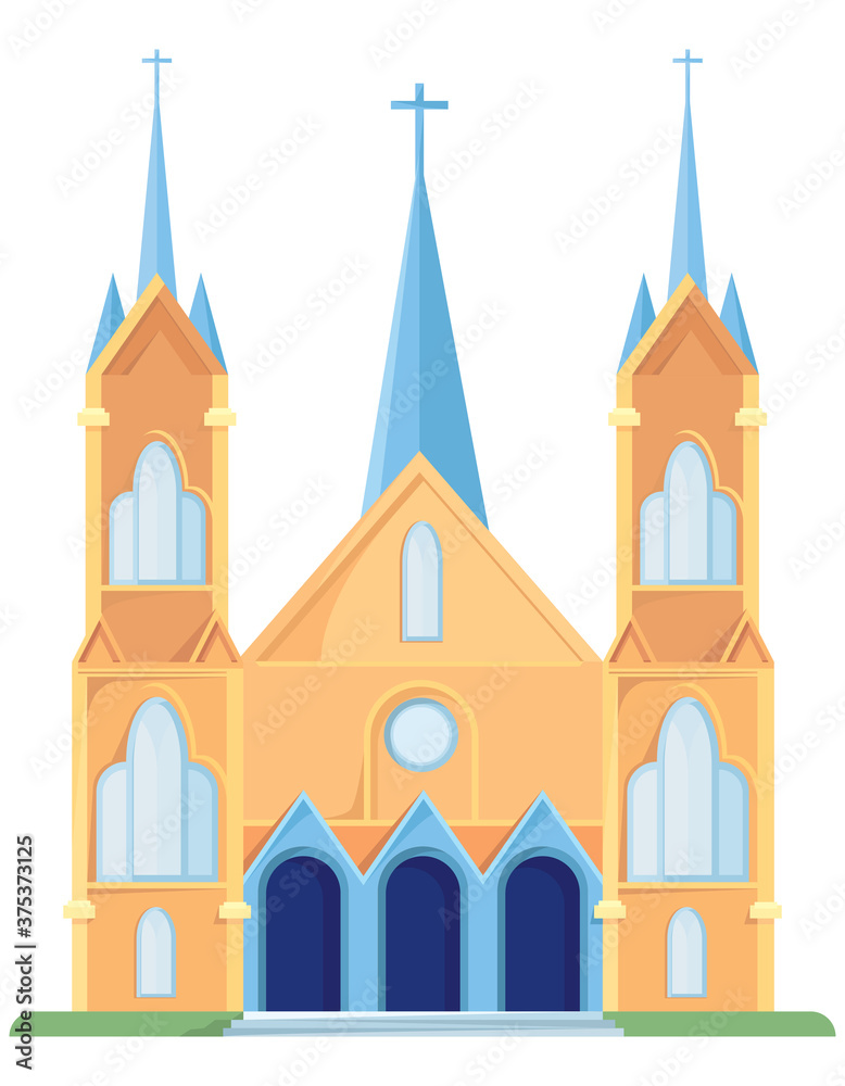 Catholic church with three towers. Object of architecture in cartoon style.