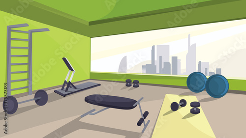 Gym with fitness equipment. Sports hall Interior.
