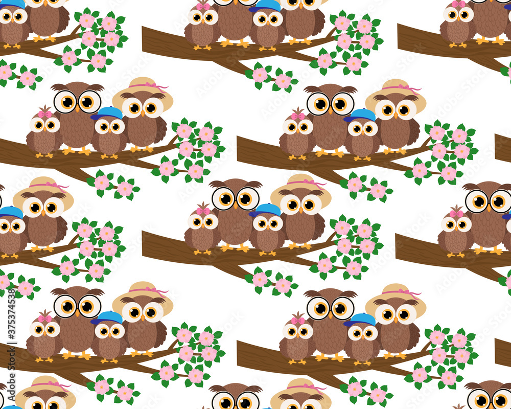 Fototapeta premium Seamless pattern Cute owls family sitting on a tree branch vector illustration