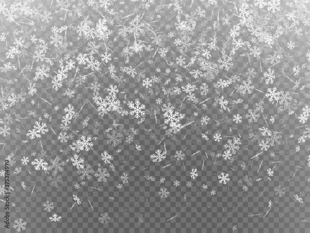 Falling snowflakes on transparent background. Winter holiday snowfall. Vector illustration.