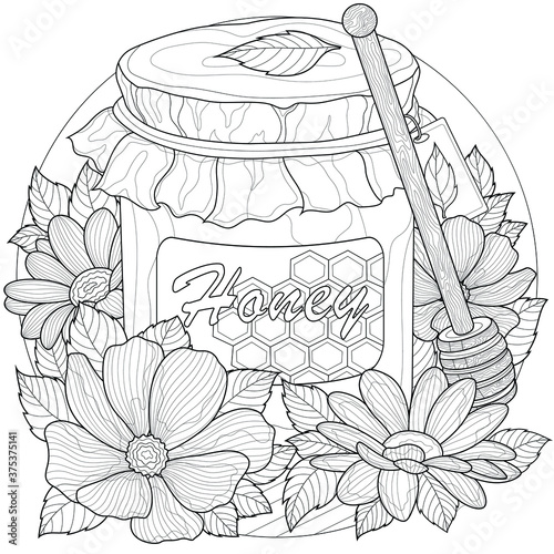 Honey with flowers.Coloring book antistress for children and adults. Illustration isolated on white background.Zen-tangle style.