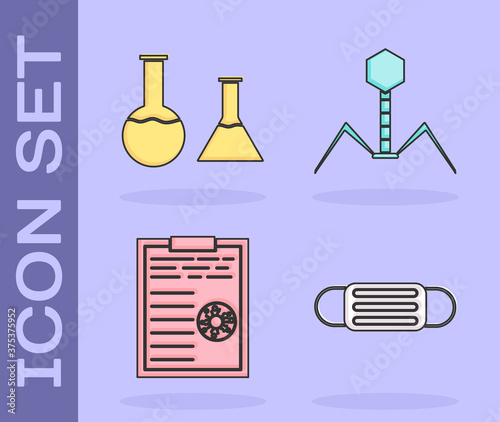 Set Medical protective mask, Test tube and flask, Clipboard with blood test results and Bacteria bacteriophage icon. Vector.
