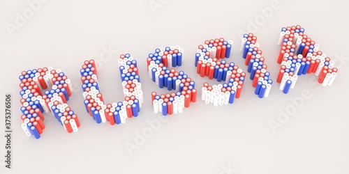 RUSSIA text made with many batteries. Electrical technologies related 3d rendering