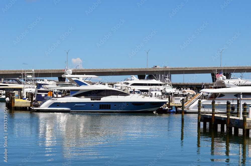 Fototapeta premium Small blue and white motor yacht moored at a marina on the downtown Miami,Florida waterfront.