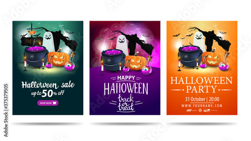 Halloween discount vertical banner, greeting vertical postcard and poster for Halloween party isolated on white background with Halloween elements