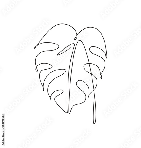 One continuous line drawing abstract tropical monstera leaf. Minimal natural botany eco concept. Home wall decor, poster, tote bag, fabric print. Single line draw design graphic vector illustration