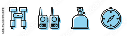 Set line Camping gas stove, Binoculars, Walkie talkie and Compass icon. Vector.