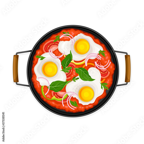 Scrambled Eggs in Pan with Tomato Sauce and Greenery Above View Vector Illustration