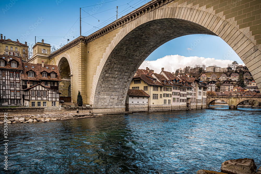 Nydegg Bridge (Nydeggbruecke) over the Aare River connects the old and new city of Bern, Switzerland