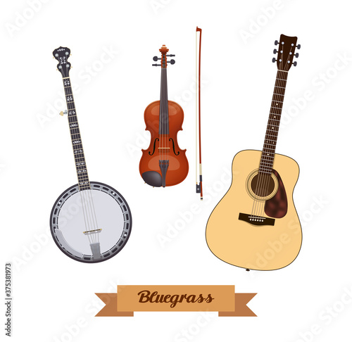 Guitar set. Realistic bluegrass instruments on white background. Violin, banjo & guitar. Vector illustration