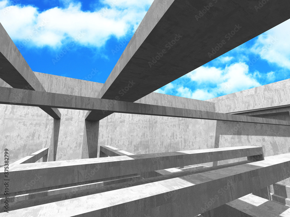 Concrete room wall construction on cloudy sky background Concrete room wall construction on cloudy sky background