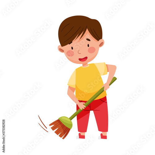 Little Boy Sweeping the Floor with Broom Vector Illustration