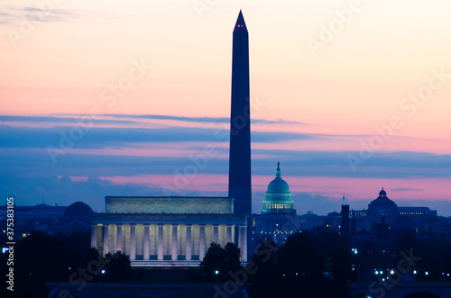 Washington DC skyline at sunrise including Lincoln Memorial, Washington Monument, and United States Capitol building	 - Washington D.C. United States of America