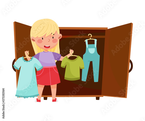 Smiling Girl Engaged in Housework Putting Clothing in Wardrobe in Order Vector Illustration