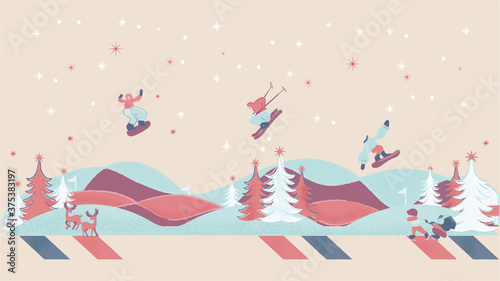 Vector illustration of ski resort winter wonderland in retro pink and green background. A cute ski mountain with skier,snow,pine tree and antilope or deer. Winter landscape.