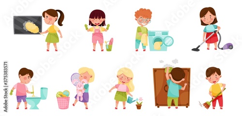 Photo Kid Characters Cleaning Room and Doing Household Chores Vector Illustration Set
