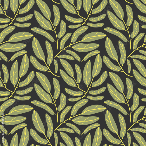 Flowers of light blue lilies with leaves and petals on a aquamarine green color background seamless pattern. Vector illustration with hand-drawn plants.