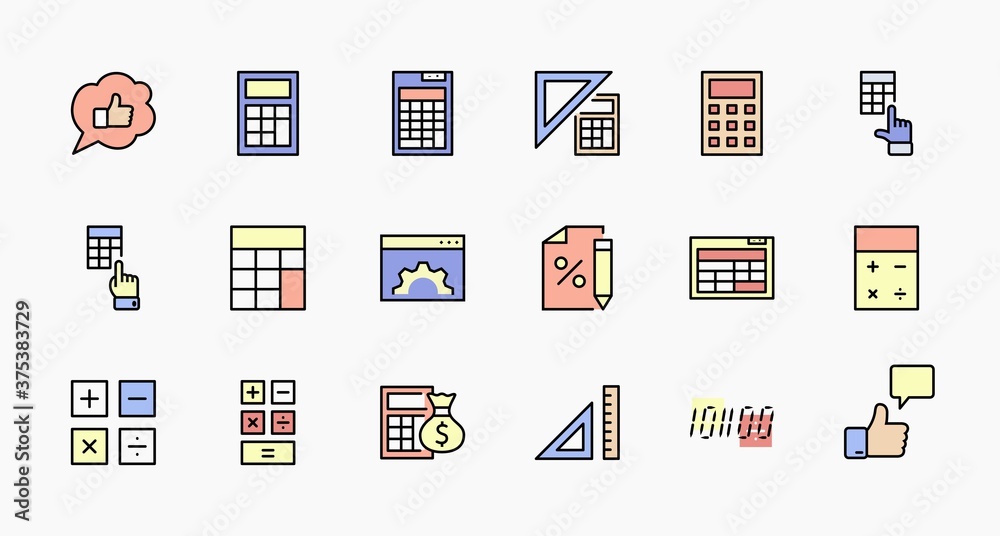 Set of Calculation Vector Line Icons. Contains such Icons as Calculator Icon, Pencil, Click, Money Bag, Percent symbol, Square and Ruler. Editable Stroke. 32x32 Pixel Perfect. Set of Calculation Vector Line Icons. Contains such Icons as Calculator Icon, Pencil, Click, Money Bag, Percent symbol, Square and Ruler. Editable Stroke. 32x32 Pixel Perfect.
