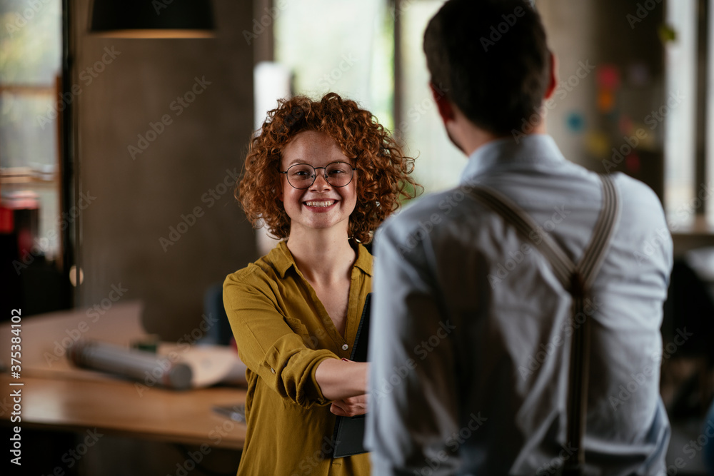 Colleagues in office. Businesswoman and businessman handshake in office...