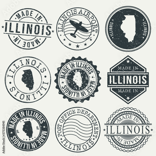 Illinois Set of Stamps. Travel Stamp. Made In Product. Design Seals Old Style Insignia. © josepperianes