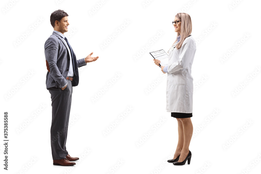 Full length profile shot of a professional young man talking to a female doctor