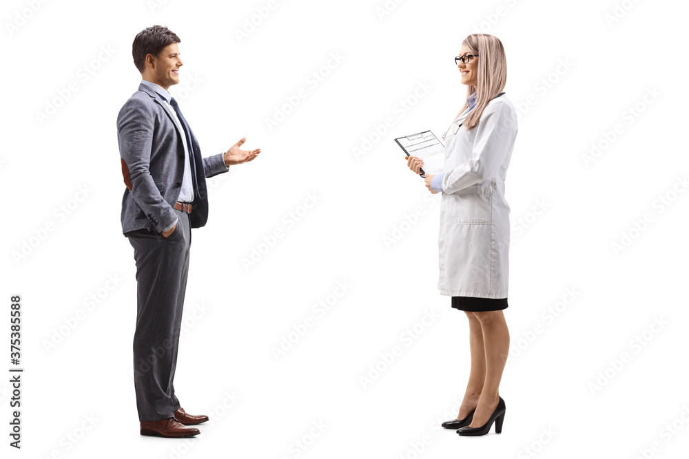 Full length profile shot of a professional young man talking to a female doctor Full length profile shot of a professional young man talking to a female doctor