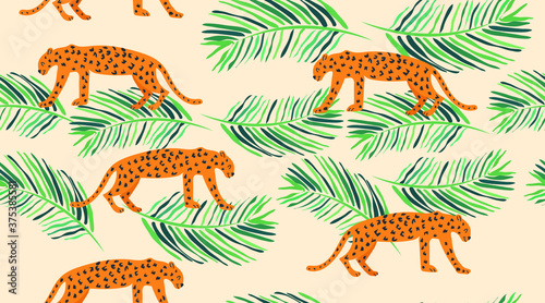 Leopard pattern with tropical leaves. Vector seamless texture.