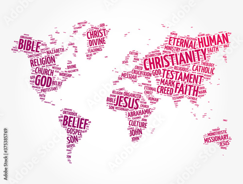 Christianity word cloud in shape of world map, religion concept background