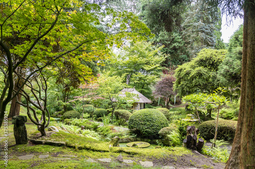 Scenic corner of Japanese Garden with Tea House in Tatton Park  UK.