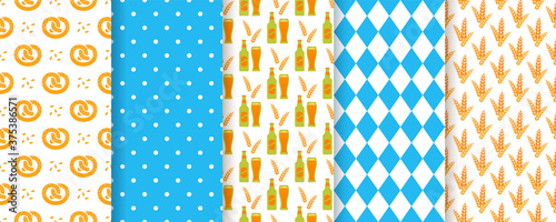 Oktoberfest seamless pattern. Octoberfest background. Vector. Textures with beer, rhombus, pretzel, polka dot and wheat. Set Germany traditional wallpapers. Bavarian diamond prints. Color illustration