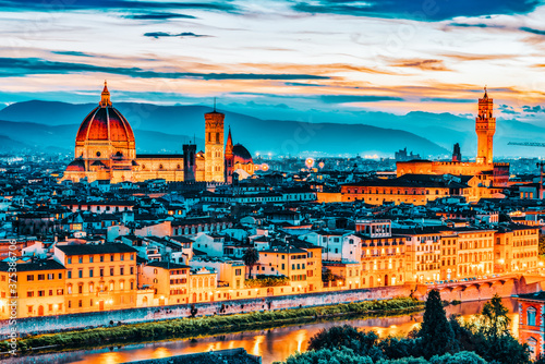 Beautiful landscape above  panorama on historical view of the Florence from  Piazzale Michelangelo point. Night time.Italy.