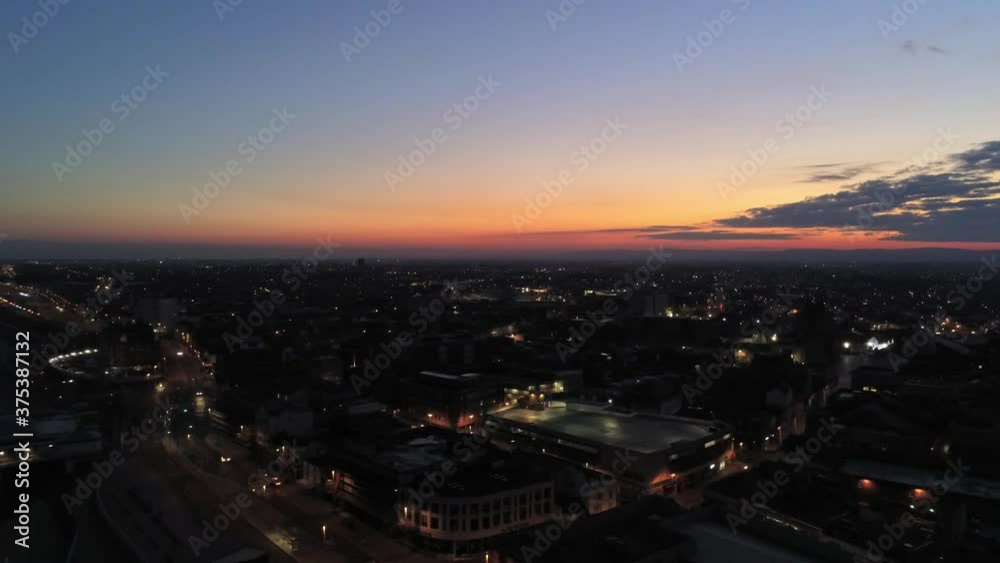 British Blackpool seaside town aerial view street cityscape skyline scene at sunrise slow right pan British Blackpool seaside town aerial view street cityscape skyline scene at sunrise slow right pan