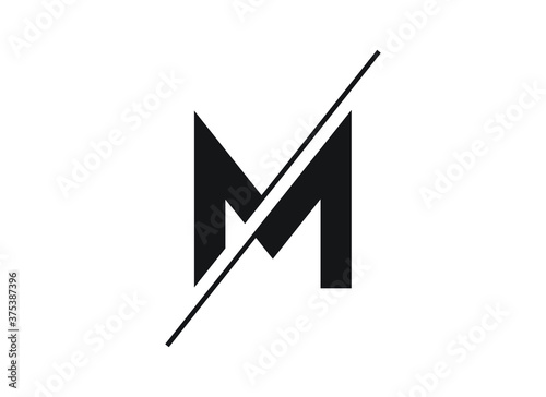 Letter M logo in a moden style with cut out slash and lines. Vector photo