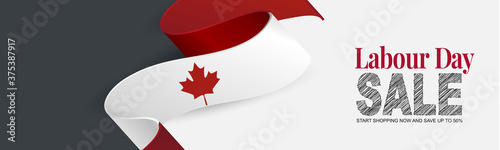 Canada Labour Day  sale banner. or header or header Canadian waving ribbon flag background. National workers holiday concept. Vector illustration.