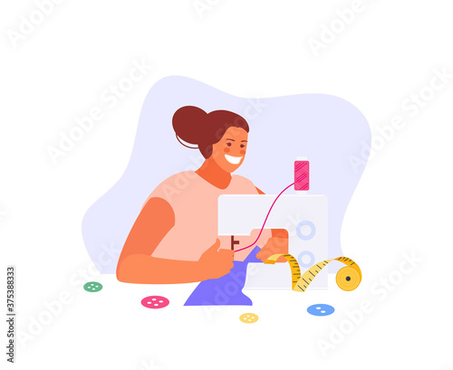 Woman seamstress working at a sewing machine. Vector character illustration