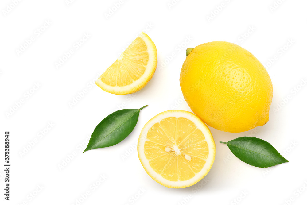 Flat lay (top view) of lemon with sliced and green leaf isolated on white background.