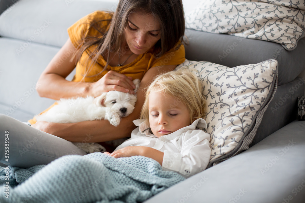 Sick child, toddler boy lying on the couch with his white puppy in living room with fever, resting Sick child, toddler boy lying on the couch with his white puppy in living room with fever, resting