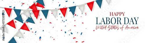 Labor Day banner or header. USA national federal holiday design. American flag colors blue and red bunting. Realistic vector illustration.