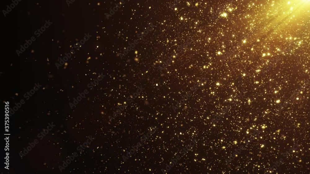 Beautiful Seamless Gold Shimmering Particles In The Air with Lens Flares, Black Background, Slow Motion. Bright Dynamic Particles Floating in the Wind with Bokeh 3d Animation. 4k Ultra HD 3840x2160