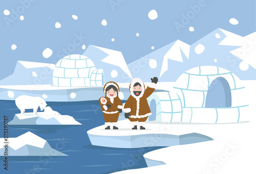 North pole Arctic landscape with Eskimo Igloo ice house  family
