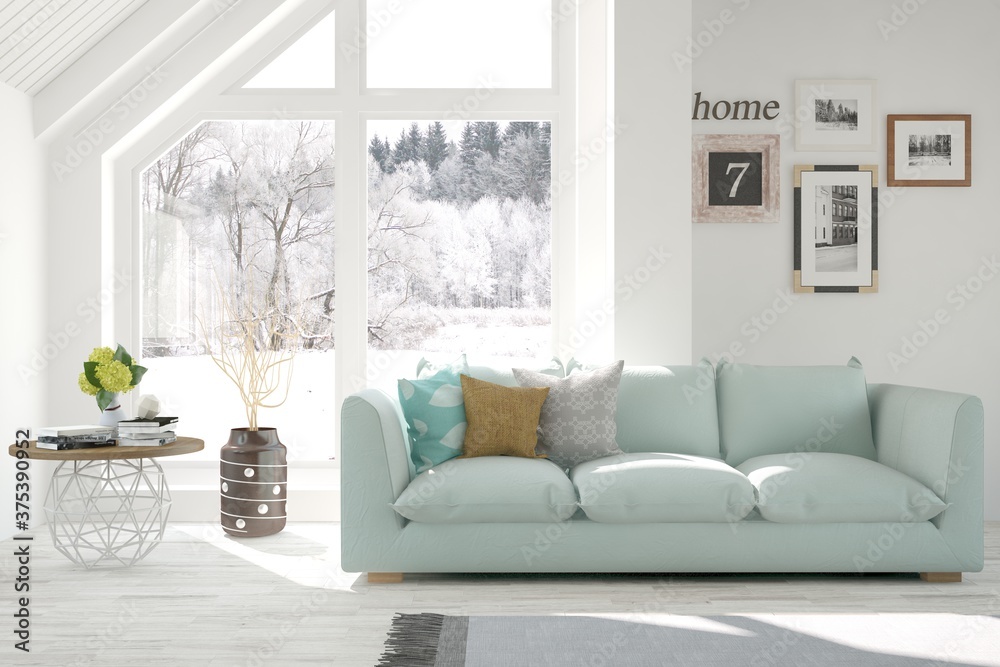 White stylish minimalist room with sofa and winter landscape in window. Scandinavian interior design. 3D illustration White stylish minimalist room with sofa and winter landscape in window. Scandinavian interior design. 3D illustration