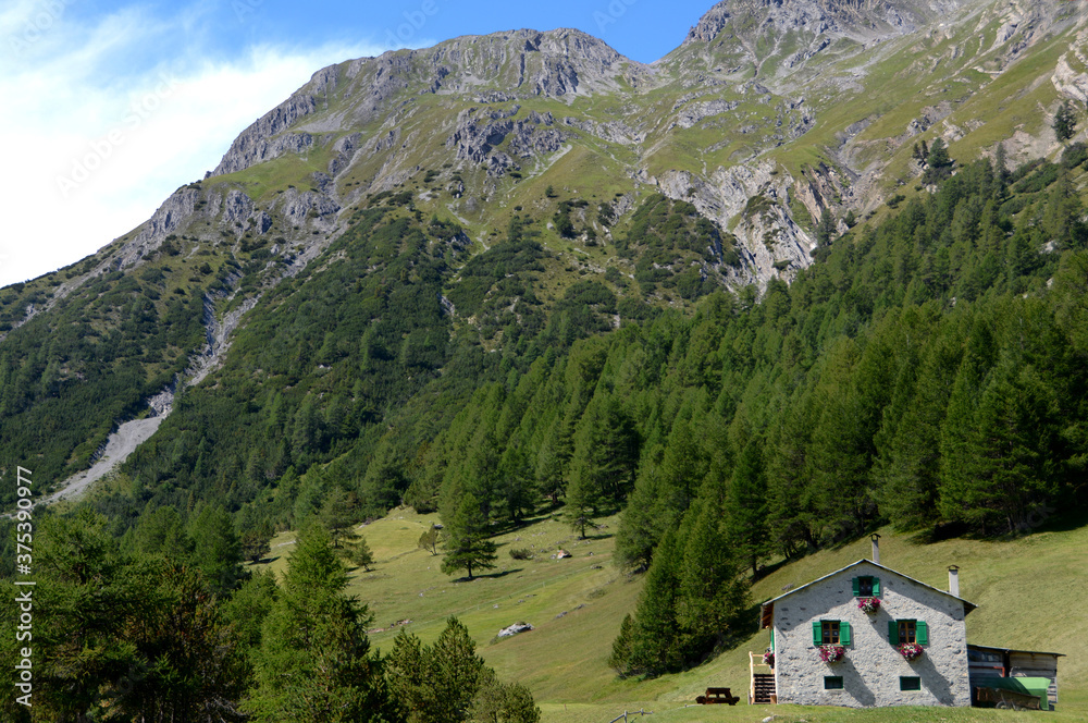 picturesque mountain house on the Alps near Lake San Giacomo in the Fraele valley in the municipality of Valdidentro near Bormio.
