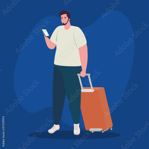 tourist man using smartphone with luggage on blue background vector illustration design